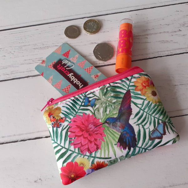 Tropical Blue Hummingbird Floral Satin Coin Zipper Purse Pouch