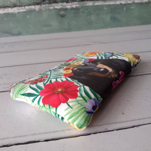 Handmade Tropical Black Dachshund Dog Floral Satin Coin Zipper Purse Pouch