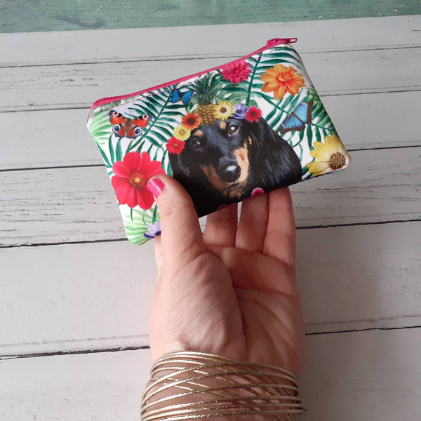 Handmade Tropical Black Dachshund Dog Floral Satin Coin Zipper Purse Pouch