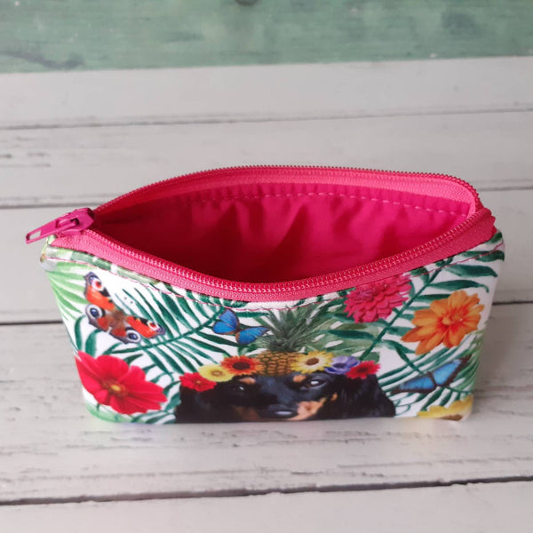 Handmade Tropical Black Dachshund Dog Floral Satin Coin Zipper Purse Pouch