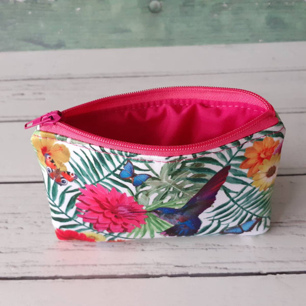 Tropical Blue Hummingbird Floral Satin Coin Zipper Purse Pouch