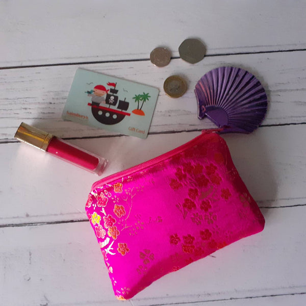 Pink and Gold Blossom Floral Brocade Zip Coin Purse  Pouch