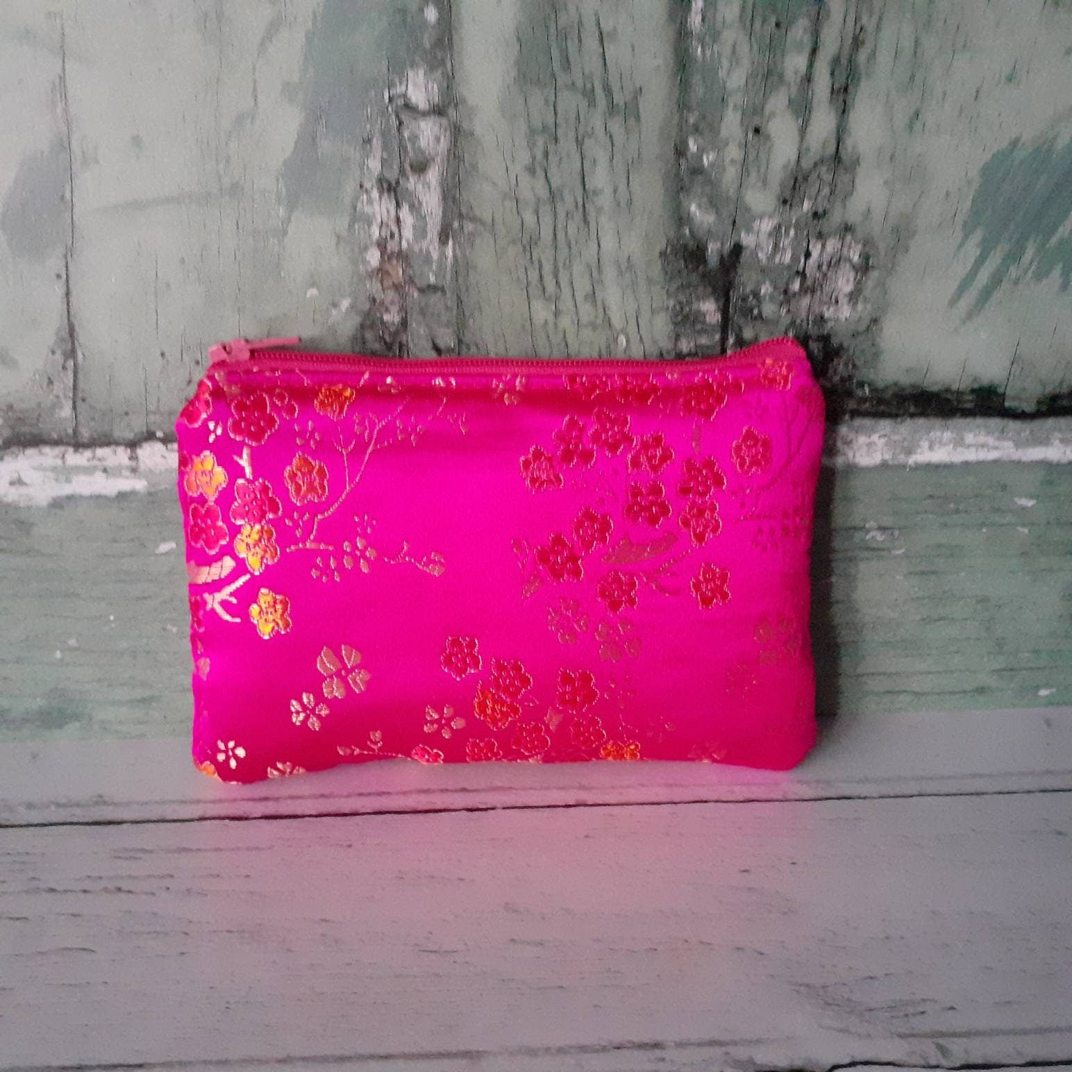 Pink and Gold Blossom Floral Brocade Zip Coin Purse  Pouch