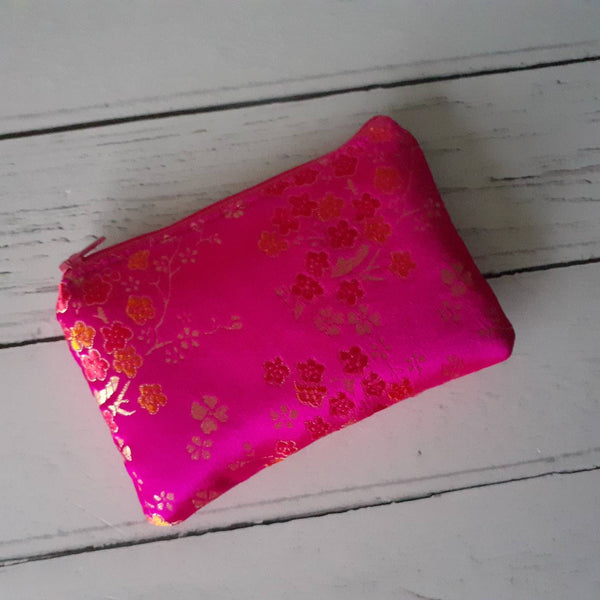 Pink and Gold Blossom Floral Brocade Zip Coin Purse  Pouch