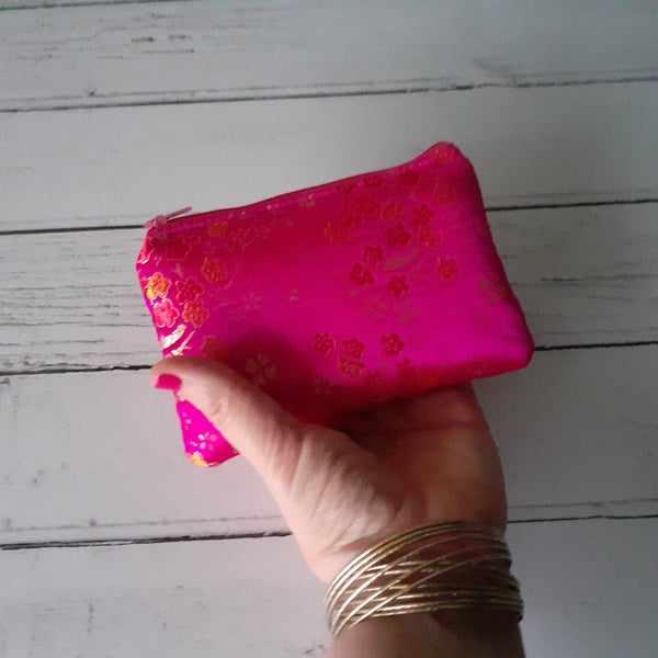 Pink and Gold Blossom Floral Brocade Zip Coin Purse  Pouch