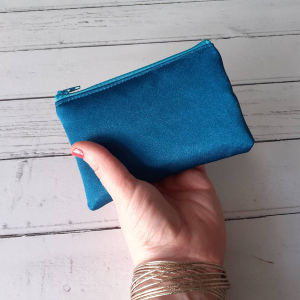 Teal Green Satin Zip Coin Purse  Pouch