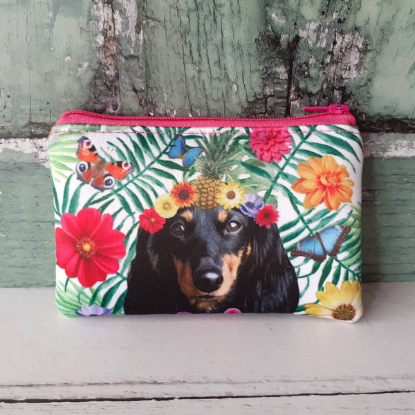 Handmade Tropical Black Dachshund Dog Floral Satin Coin Zipper Purse Pouch