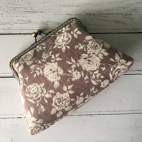 Handmade Grey and White Floral Roses Cotton 5.5 Inch Sew In Frame Clutch Bag