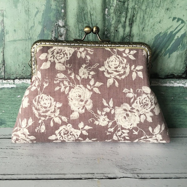 Handmade Grey and White Floral Roses Cotton 5.5 Inch Sew In Frame Clutch Bag