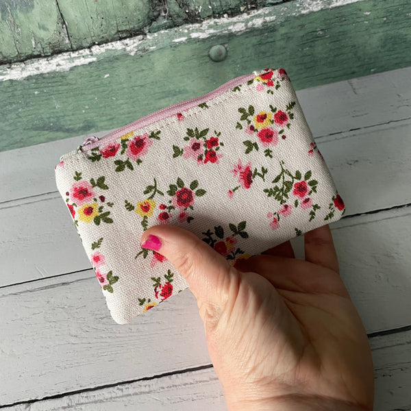 Pink and Red Roses Floral Cotton Zip Coin Purse  Pouch