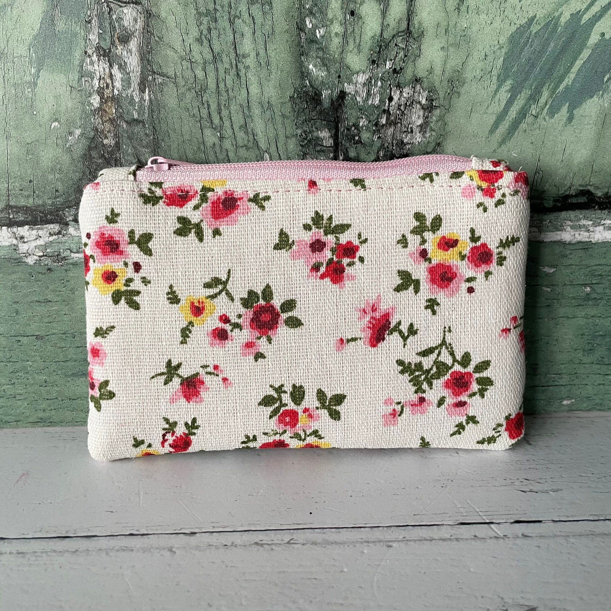 Pink and Red Roses Floral Cotton Zip Coin Purse  Pouch