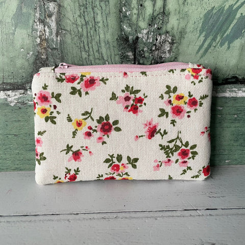 Pink and Red Roses Floral Cotton Zip Coin Purse  Pouch