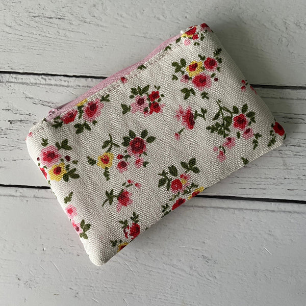 Pink and Red Roses Floral Cotton Zip Coin Purse  Pouch