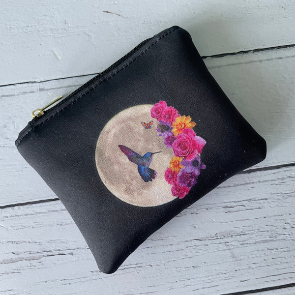 Black and Blue Hummingbird Floral Moon Small Satin Zip Coin Purse  Pouch