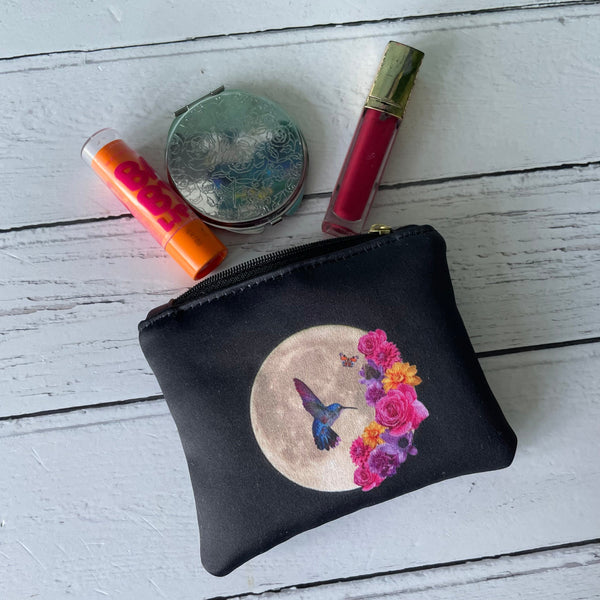 Black and Blue Hummingbird Floral Moon Small Satin Zip Coin Purse  Pouch