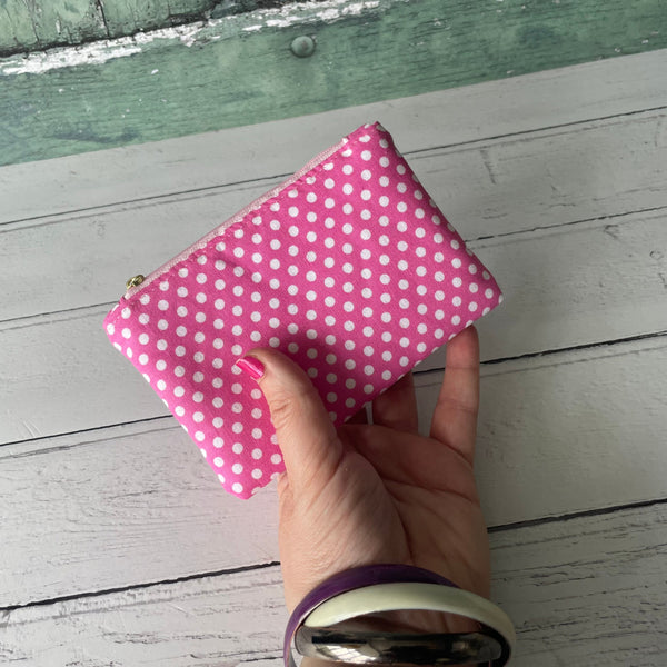 Candy Pink and White Polka Dot Cotton Zip Coin Purse  Pouch