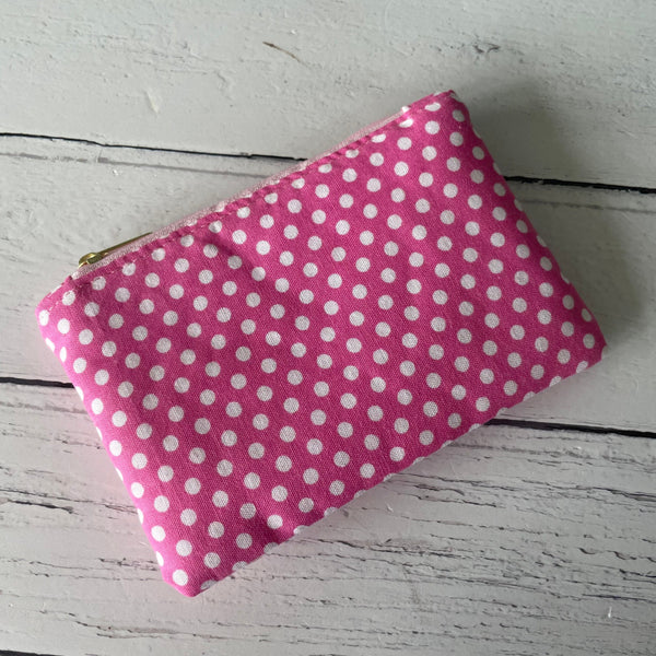 Candy Pink and White Polka Dot Cotton Zip Coin Purse  Pouch