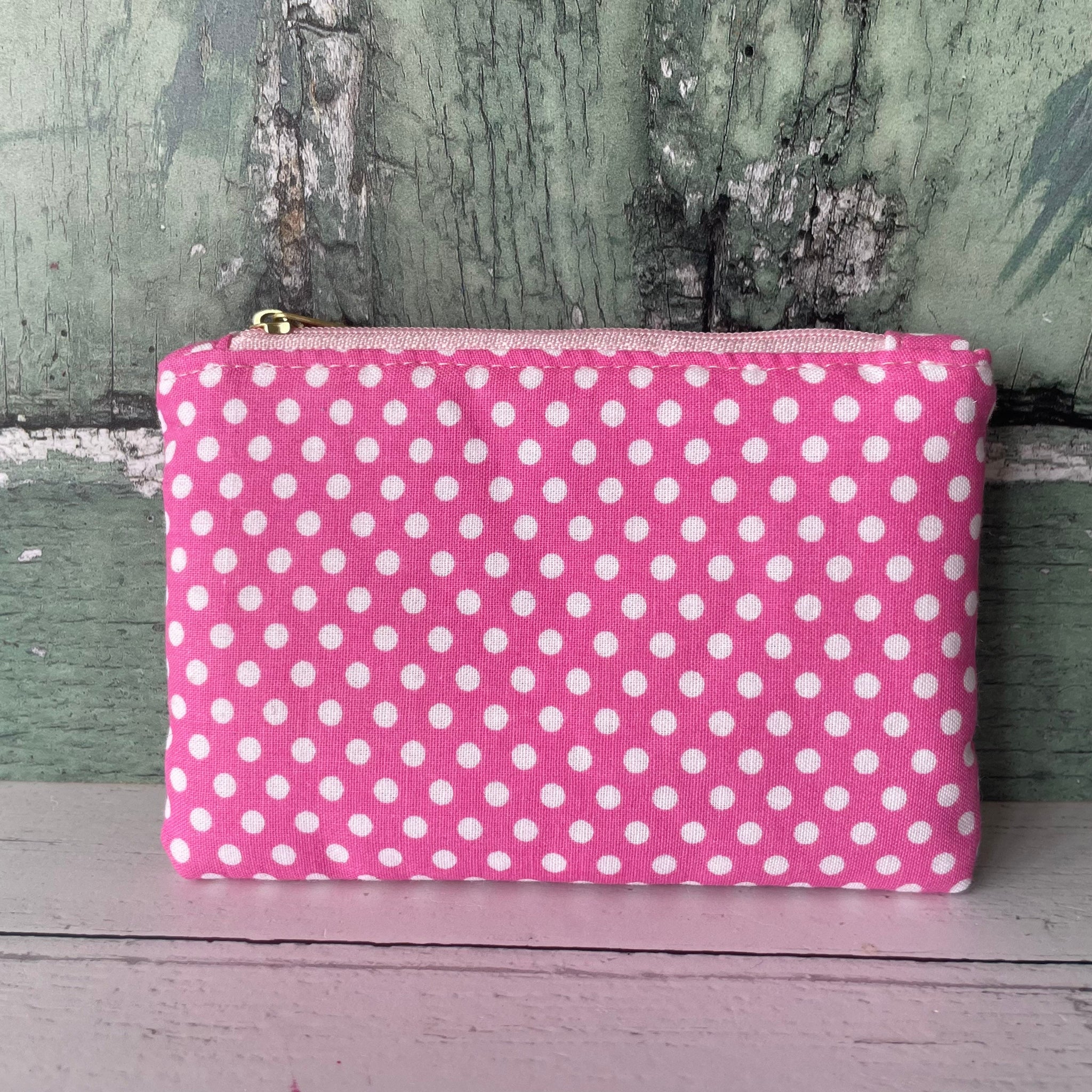 Candy Pink and White Polka Dot Cotton Zip Coin Purse  Pouch