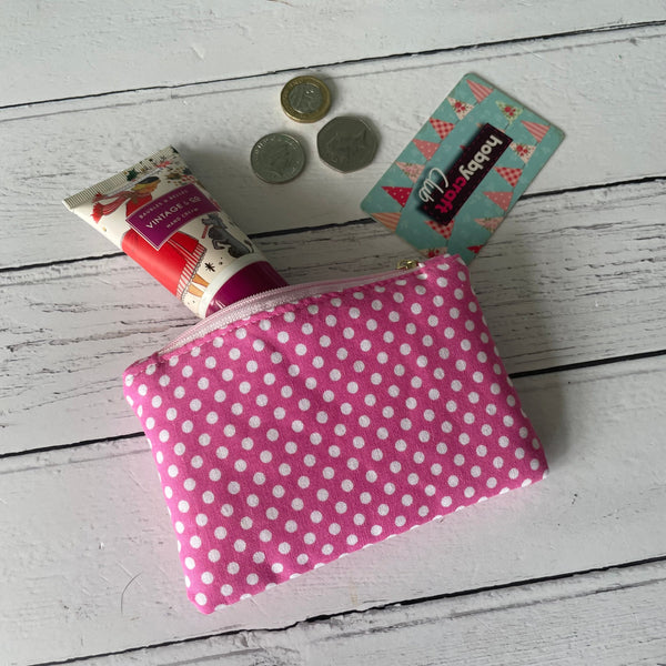 Candy Pink and White Polka Dot Cotton Zip Coin Purse  Pouch