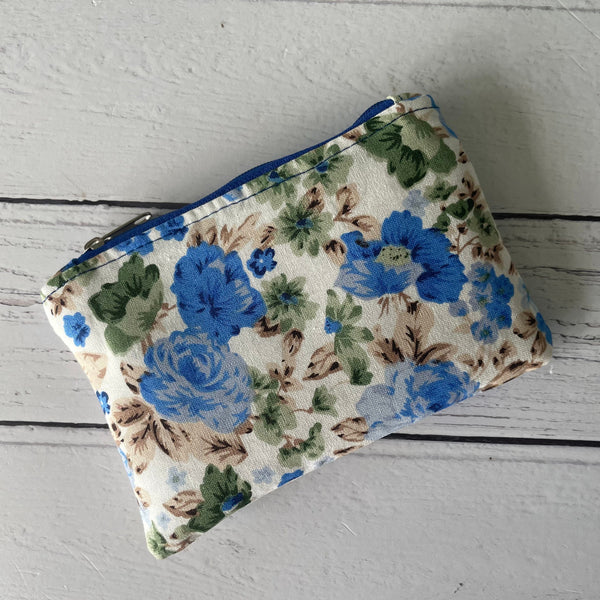 Retro Blue Roses Floral Cotton Zip Coin Purse  Pouch