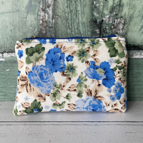 Retro Blue Roses Floral Cotton Zip Coin Purse  Pouch