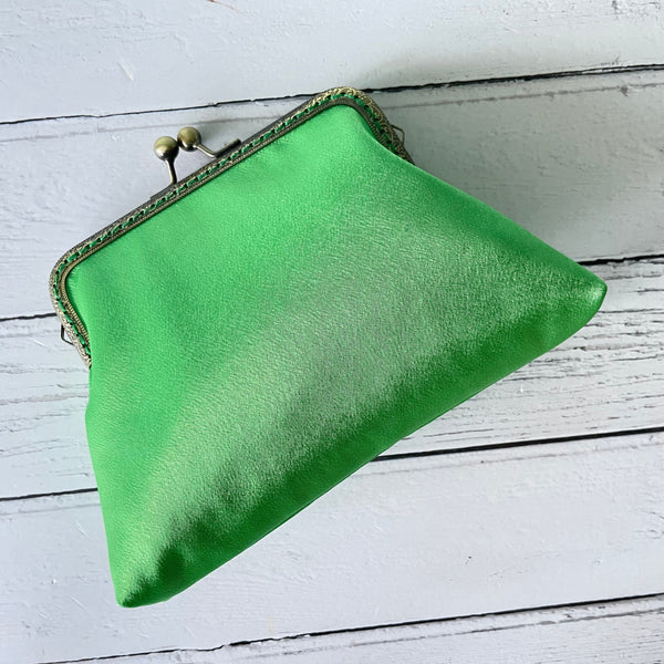 Parrot Green Satin 5.5 Inch Sew In Clasp Purse Frame Clutch Bag