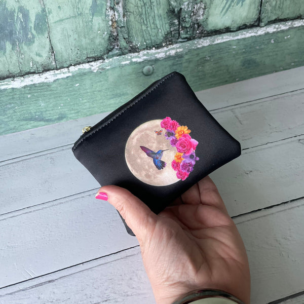 Black and Blue Hummingbird Floral Moon Small Satin Zip Coin Purse  Pouch