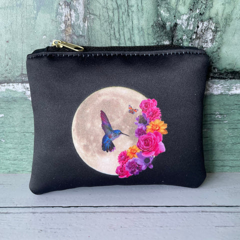 Black and Blue Hummingbird Floral Moon Small Satin Zip Coin Purse  Pouch