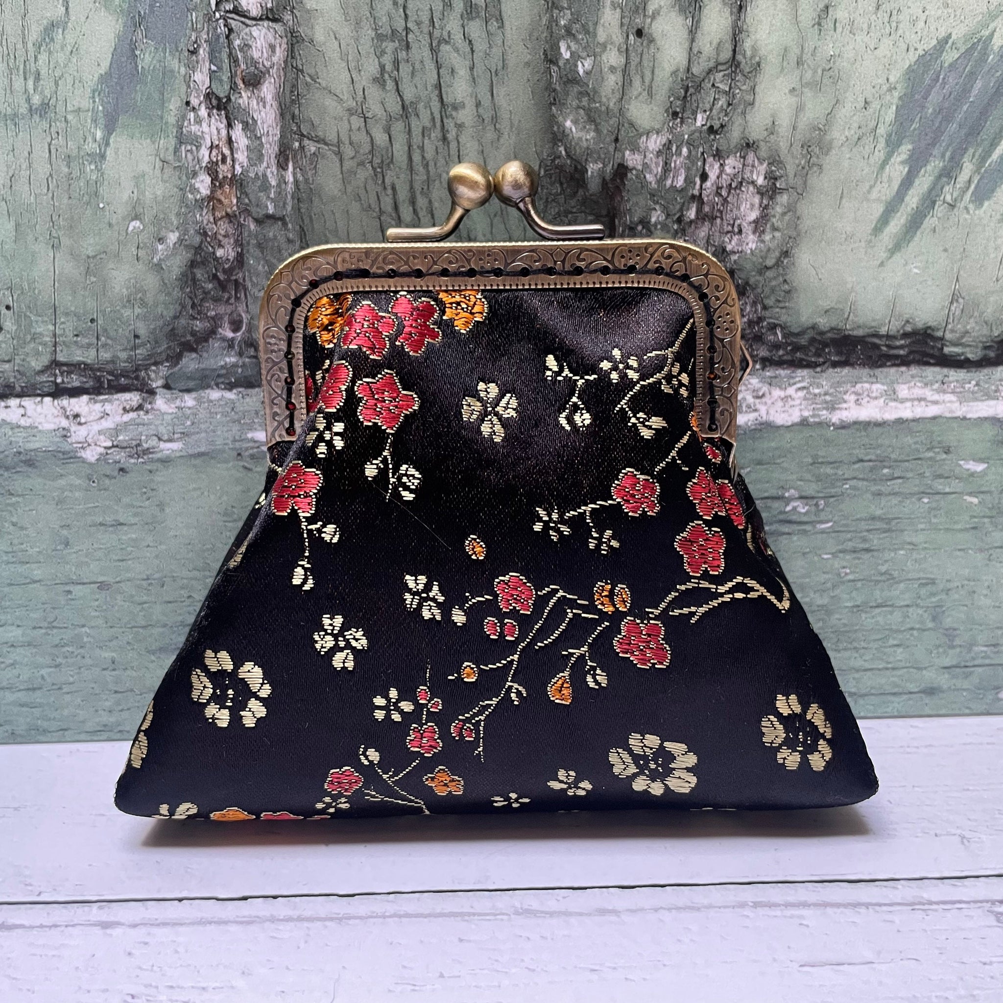 Black and Gold Blossom Floral Brocade Credit Card Coin Clasp Purse Pouch