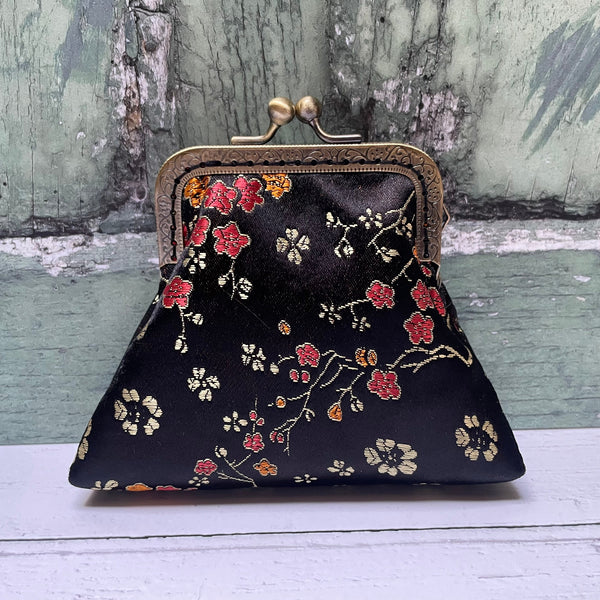 Black and Gold Blossom Floral Brocade Credit Card Coin Clasp Purse Pouch