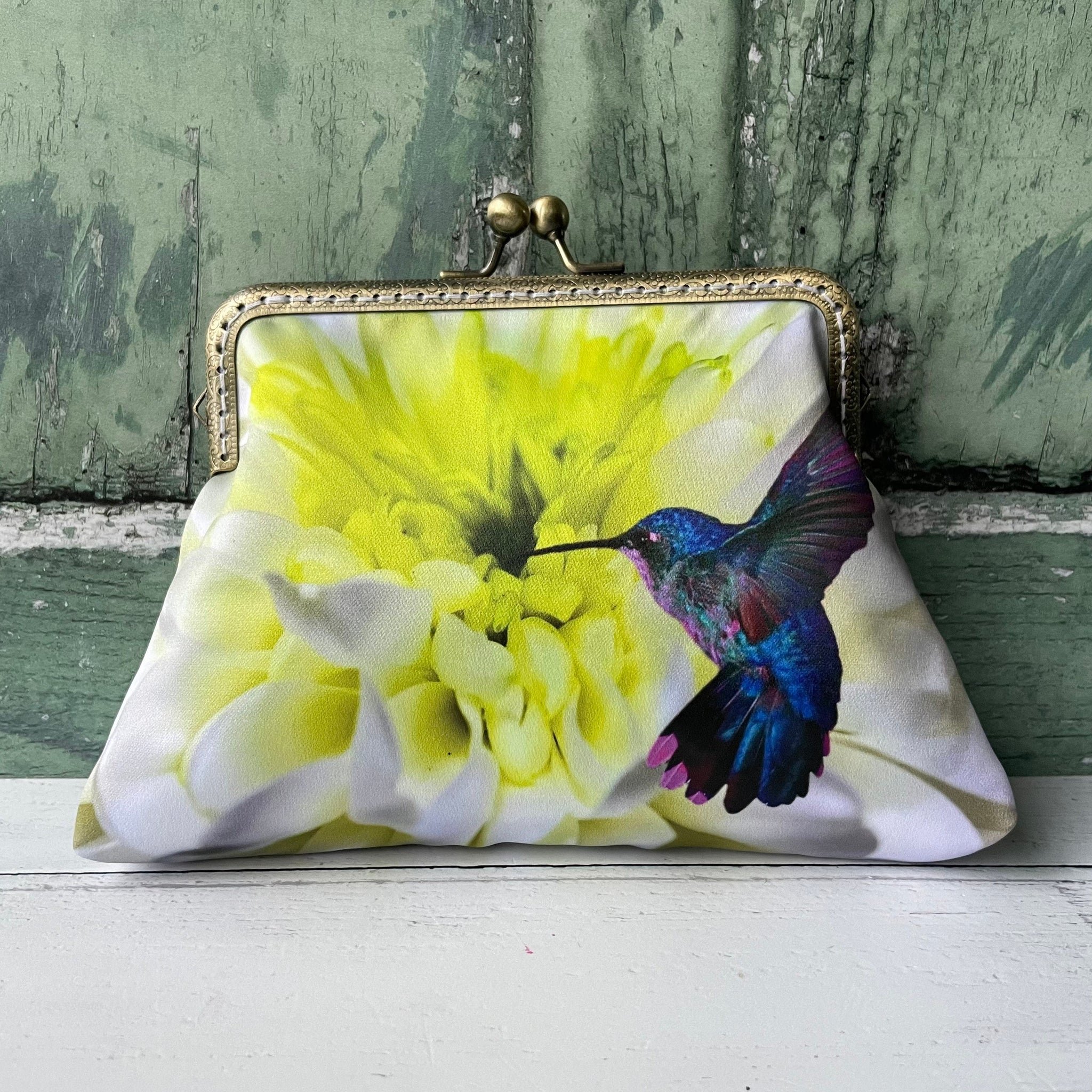 Chrysanthemum and Blue Hummingbird Satin 5.5 Clasp Purse Frame Clutch Bag