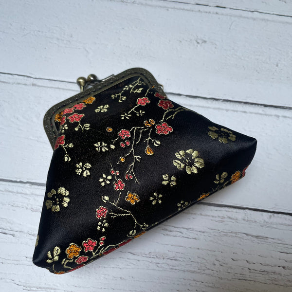 Black and Gold Blossom Floral Brocade Credit Card Coin Clasp Purse Pouch