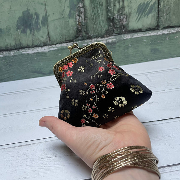 Black and Gold Blossom Floral Brocade Credit Card Coin Clasp Purse Pouch