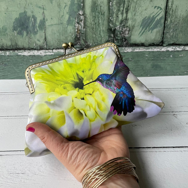 Chrysanthemum and Blue Hummingbird Satin 5.5 Clasp Purse Frame Clutch Bag