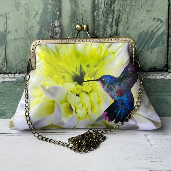 Chrysanthemum and Blue Hummingbird Satin 5.5 Clasp Purse Frame Clutch Bag