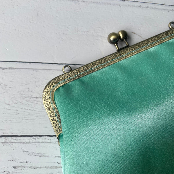 Light Mint Green Satin 8 Inch Bronze Clasp Vintage Style Frame Clutch Bag