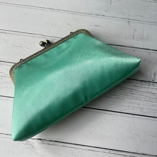 Light Mint Green Satin 8 Inch Bronze Clasp Vintage Style Frame Clutch Bag