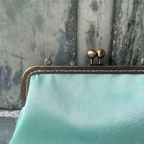 Light Mint Green Satin 8 Inch Bronze Clasp Vintage Style Frame Clutch Bag