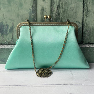 Light Mint Green Satin 8 Inch Bronze Clasp Vintage Style Frame Clutch Bag