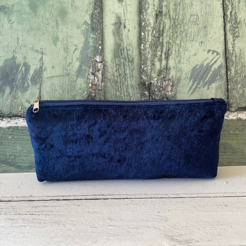 Navy Blue Crushed Velvet Small Zipper Makeup Pouch