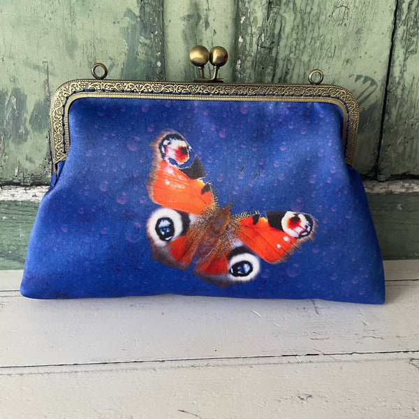 Blue and Red Peacock Butterfly Satin 8 Inch Sew In Clasp Bronze Purse Frame Clutch Bag