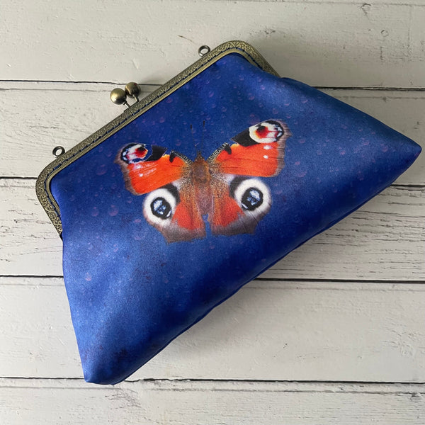 Blue and Red Peacock Butterfly Satin 8 Inch Sew In Clasp Bronze Purse Frame Clutch Bag