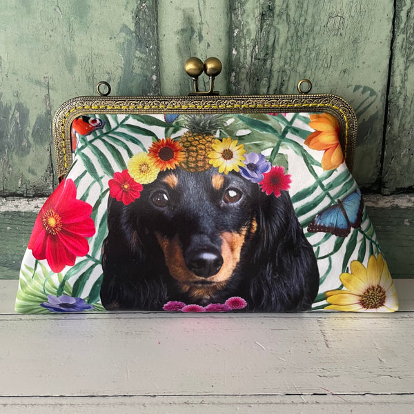 Tropical Floral Black Dachshund Satin 8 Inch Sew In Clasp Bronze Purse Frame Clutch Bag