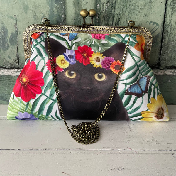 Tropical Floral Black Cat Satin 8 Inch Sew In Clasp Bronze Purse Frame Clutch Bag