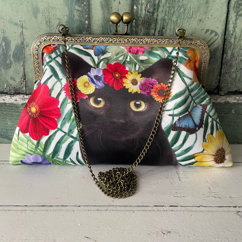 Tropical Floral Black Cat Satin 8 Inch Sew In Clasp Bronze Purse Frame Clutch Bag