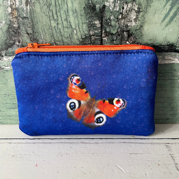 Handmade Red and Blue Butterfly Satin Coin Zipper Purse Pouch