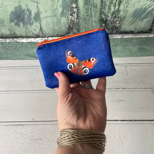 Handmade Red and Blue Butterfly Satin Coin Zipper Purse Pouch