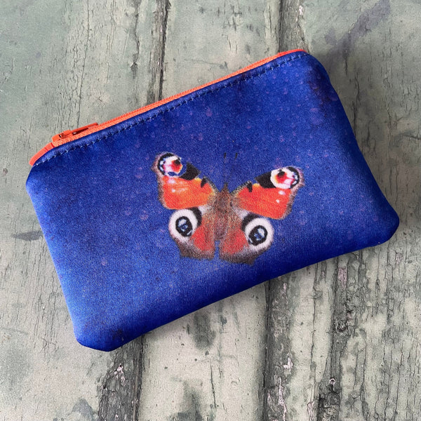 Handmade Red and Blue Butterfly Satin Coin Zipper Purse Pouch