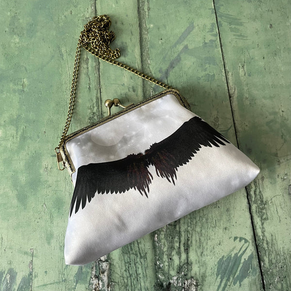 White and Black Angel Wings Satin 5.5 Inch Sew In Clasp Purse Frame Clutch Bag