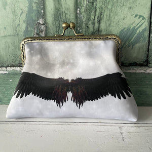 White and Black Angel Wings Satin 5.5 Inch Sew In Clasp Purse Frame Clutch Bag